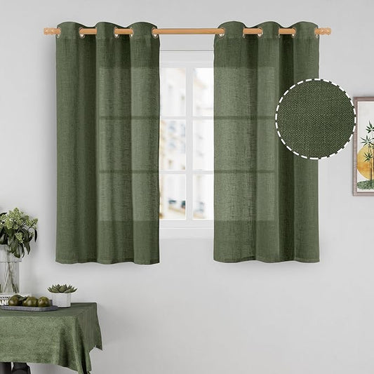 LAMIT 45 Inch Short Window Linen Curtains, Light Filtering Panels Bronze Grommet Room Decor Drapes for Small Windows/Bathroom/Loft Room, Olive Green, 2 Panels, 34 x 45 Inch