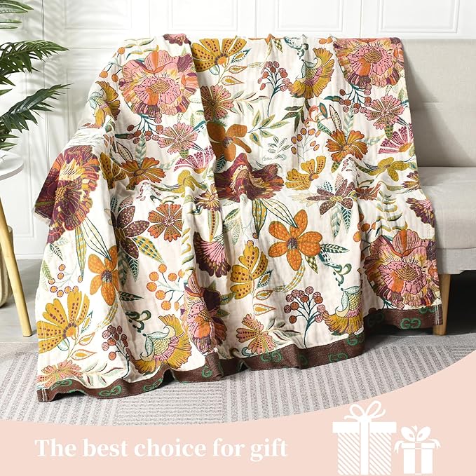 Boho Throw Blanket for Bed - 100% Pure Cotton Ultra Soft Rustic Quilt - Farmhouse Decor Bed Blankets, All Season Rustic Throw for Sofa Couch Chair(91''x 98'', Floral Blossom)