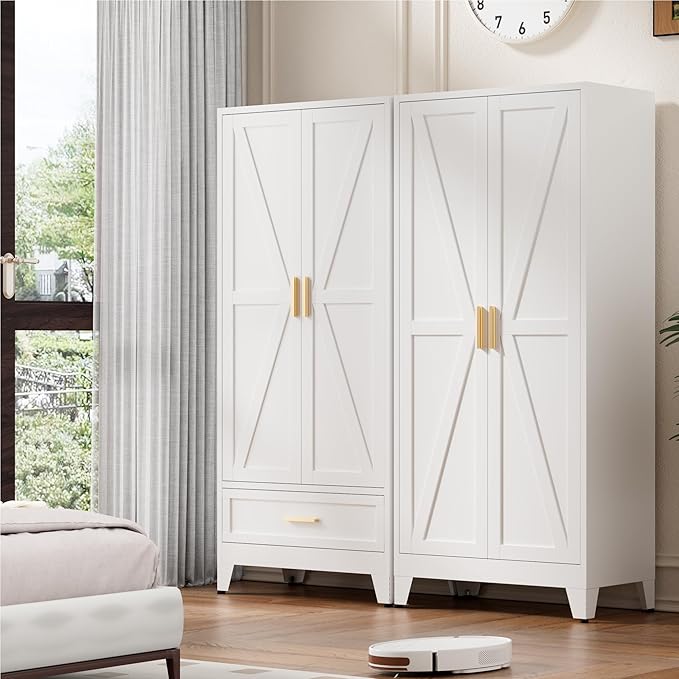 71'' Farmhouse Metal Wardrobe Cabinet with Hanging Rod, 2 Barn Door Wardrobe Closet with Adjustable Shelves,Drawer,for Dining Room,Bedroom,Living Room, Cloak Room,Office (White)