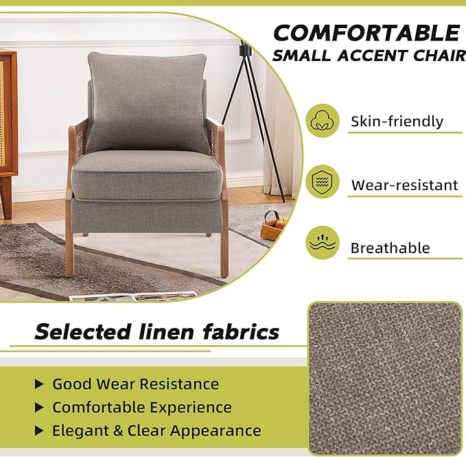 HAOBO Home Mid Century Modern Accent Chair Upholstered Living Room Chairs Armchair with Rattan Armrest Comfy Reading Chair with Wood Frame Lounge Side Chair with Waist Cushion