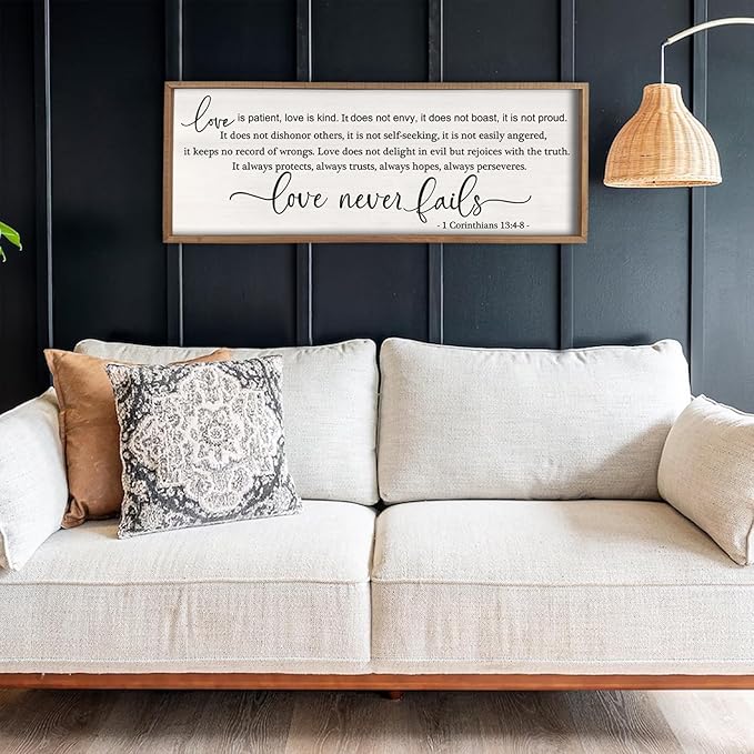 flowtorely Love is Patient, Kind Wall Art Decor 40"X15" Sign 1 Corinthians 13 Bedroom Above Bed Wall Decor Large Bible Verse Quote Scripture Christianity Hanging Sign (Wood)