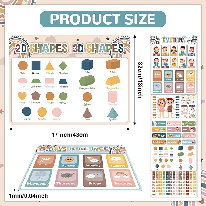 Educational Preschool Kids Placemats Set of 6 Boho Toddler Montessori Plastic Table Mats Non Slip Reusable Kids Place Mats Washable Table Decoration for Indoor Outdoor Party Kitchen Dining