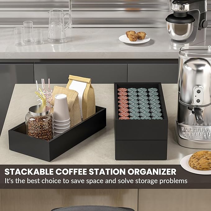 Kitchen Drawer Organizer Bins, Stackable Bamboo Drawer Organizer for Silverware, Coffee Pod Organizer K Cup Holder for Countertop, 2 Pcs Coffee Station Organizer Black 12" x 6" x 2.5"