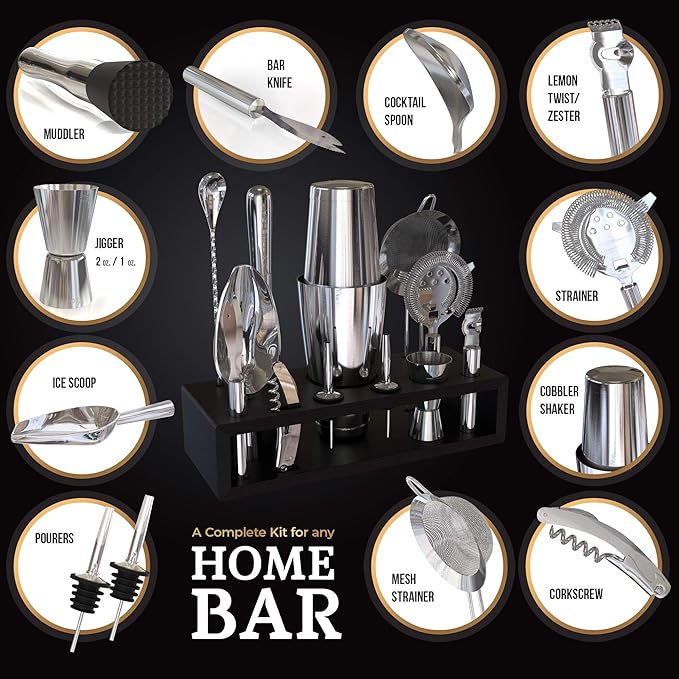 Highball & Chaser 13-Piece Boston Cocktail Shaker Set Stainless Steel Mixology Bartender Kit With Stand For Home Bar Cocktail Set | Laser Engraved Cocktail Tools | Plus E-Book with 30 Cocktail Recipes