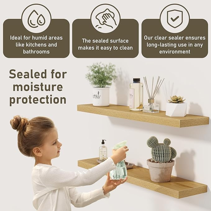 Fun Memories 55 Inch Floating Shelves for Wall 2 Pack Shelves for Bedroom|Kitchen|Bathroom 55 x 9.3 Inch Wood Floating Shelf with Invisible Brackets for Books|Storage|Decor, Oak