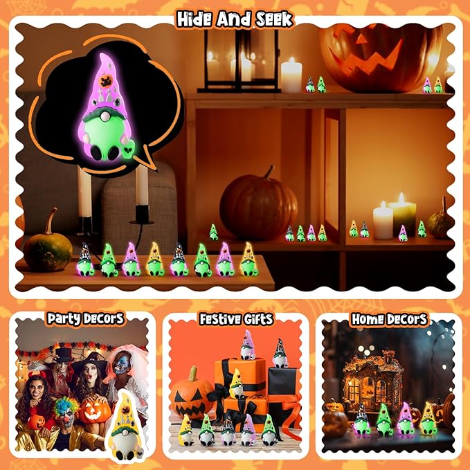 Wesiti 50 Pcs Luminous Halloween Mini Gnomes Figurines Bulk Glow in Dark Miniature Ornaments Hide and Seek Tiny Gnomes Figures Statue Halloween Party Favor Bag Fillers Garden Dollhouse Decor Gifts