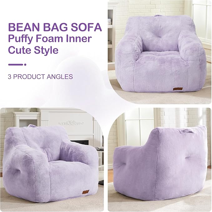 Hobestluk Bean Bag Chair for Adult Small Bean Bag Chairs with Arms Furry Beanbag Chair with Foam Filler Stuffed Bean Bag Sofa for Reading in Bedroom Living Room and Dorms (Purple)