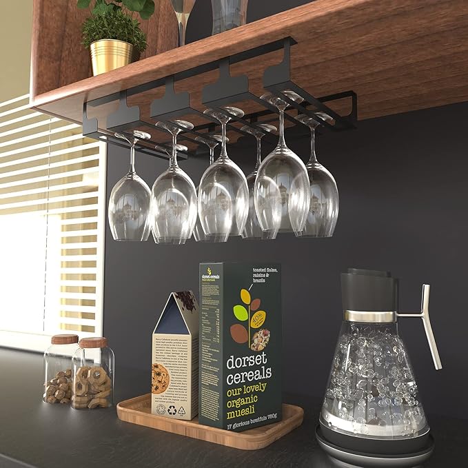 Wine Glass Rack - Under Cabinet Stemware Wine Glass Holder Glasses Storage Hanger Metal Hanging Organizer for Bar Kitchen, Black 4 Rows 2 Packs