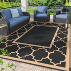 GENIMO Outdoor Rug 8' x 10' Patio Waterproof, Foldable Reversible Plastic Straw Area Rugs Mat for Camper Decor, Outside Carpet for Rv, Deck, Porch, Picnic, Beach, Balcony, Black & Brown