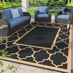 GENIMO 6' x 9' Outdoor Rug Waterproof for Patio Decor, Foldable Reversible Plastic Straw Area Rugs Mat for Camper, Outside Carpet for Rv, Deck, Porch, Picnic, Beach, Balcony, Black & Brown