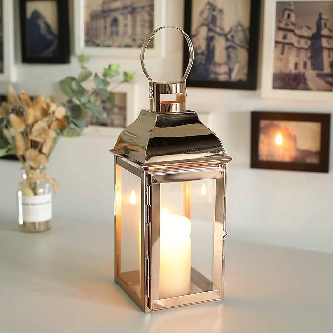 JHY DESIGN Decorative Candle Lanterns 15" High Stainless Steel Candle Lanterns with Tempered Glass for Indoor Outdoor Events Parities and Weddings Vintage Style Hanging Lamps(Rose Gold)