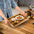 YOUEON 2 Pack Large Acacia Wood Serving Tray with Handles, 17x12 Inch Decorative Wood Trays for Serving Food, Party, Rectangle Ottoman Tray, Coffee Table Trays for Bed, Living Room, Kitchen