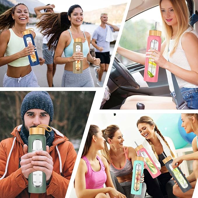 32 oz Glass Water Bottle with Straw - Motivational Time Marker & Silicone Sleeve - Reusable Tumbler Includes 2 Bamboo Lids & Fruit Infuser - 1 Pack