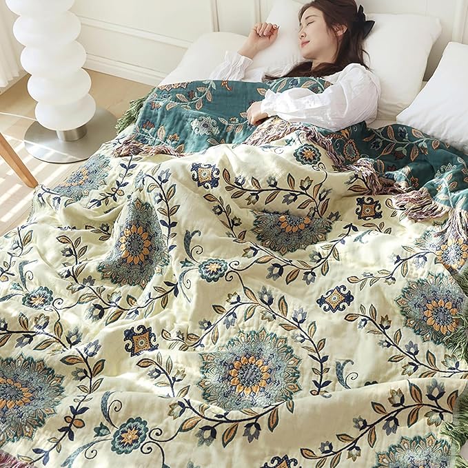 Snycler Boho Throw Blanket for Bed - 100% Cotton Ultra Soft Rustic Quilt - Blue Green Floral Printed Farmhouse Decor Bed Blankets, 60"×80" All Season Rustic Throw for Sofa Couch Chair
