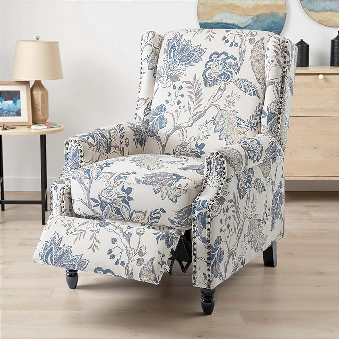UIXE Pushback Recliner Chair, Push Back Accent Chair Fabric Upholstered Armchair for Living Room, Rivet Trim Home Theater Single Sofa Bedroom Reading Seat - Blue Plants