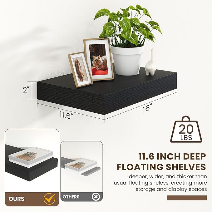 Black Deep Floating Shelves for Wall | 16 Inch Wide x 12 Inch Deep Floating Shelves Set of 2 | Rustic Wood Wide Wall Shelves | Bookshelf Laundry Shelf TV Shelf