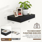 Black Deep Floating Shelves for Wall | 16 Inch Wide x 12 Inch Deep Floating Shelves Set of 2 | Rustic Wood Wide Wall Shelves | Bookshelf Laundry Shelf TV Shelf