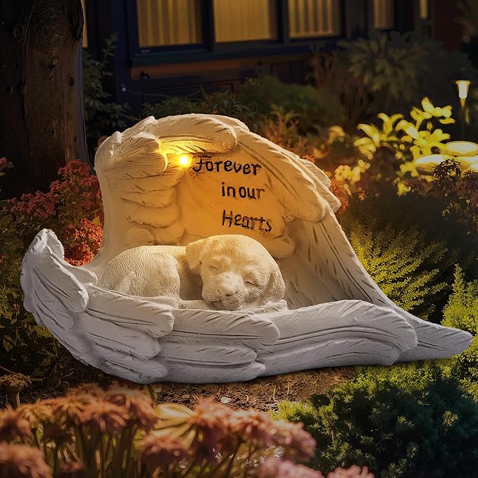 Pet Dog Solar Garden Memorial Statue – Outdoor Resin Angel Puppy with Solar Light, Guardian Angel Dog Memorial Gift for Patio, Lawn, Yard, or Garden Decor