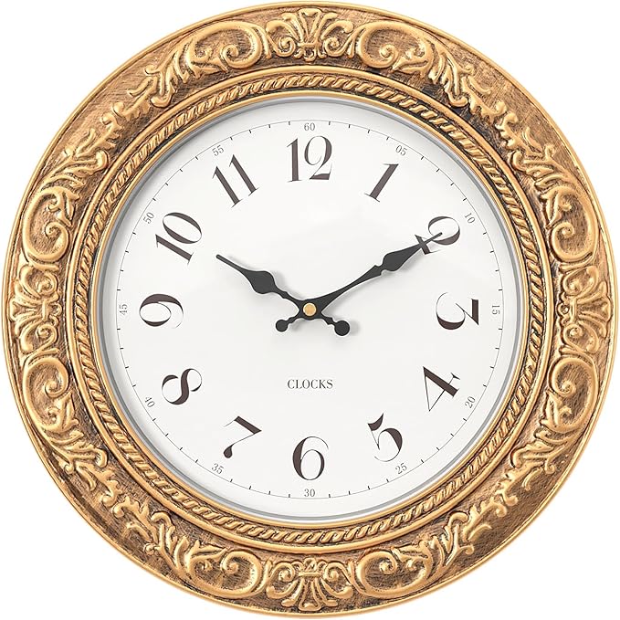 Menterry European Vintage Decorative Wall Clock, 12" Antique Gold Style, Battery Operated Wall Clocks for Kitchen, Bedroom, Farmhouse, Bathroom, Offices