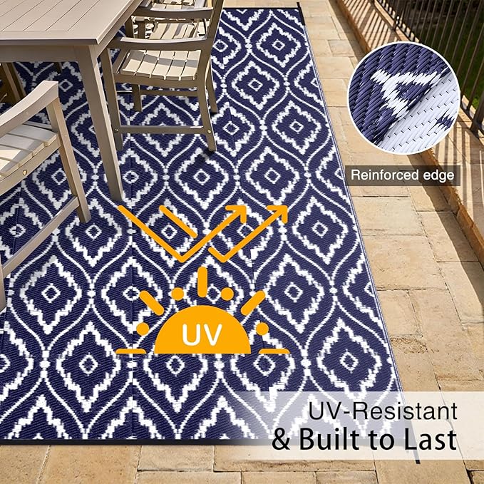 OLANLY Outdoor Rug 8x10 ft Waterproof, Outdoor Plastic Straw Rug with Geometric Pattern Clearance, Reversible RV Mat for Patio, Camping, Balcony, Deck, Backyard, Navy & White