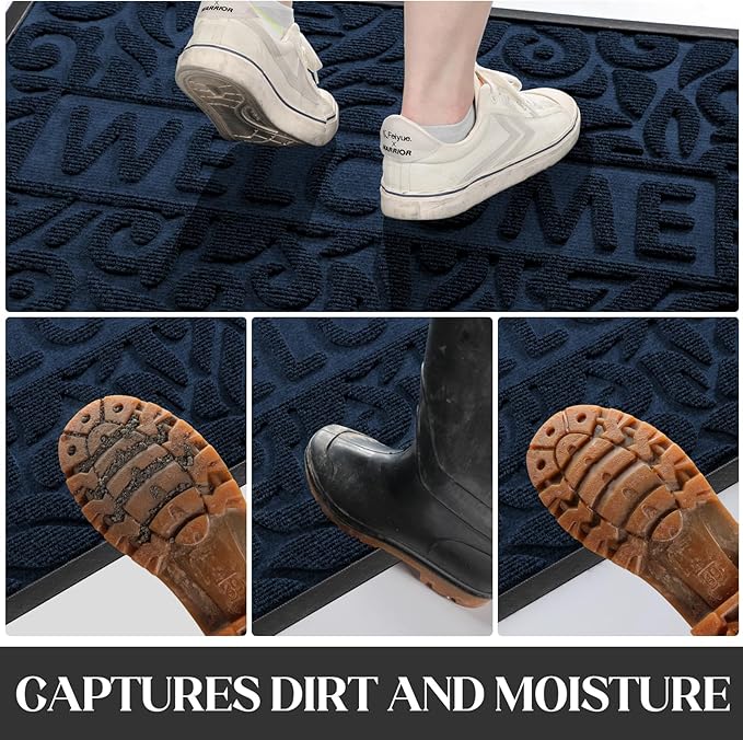Yimobra Welcome Door Mat Outdoor Indoor, Non Slip Front Doormats, Heavy Duty Rubber Backing, Low-Profile Entrance Mat, Absorbent Resist Dirt, Easy Clean Patio Garage Floor Mats, 29.5 x 17, Blue