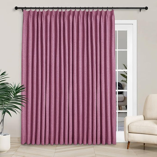 Macochico 100”Wx96”L Pinch Pleated 100% Blackout Linen Curtains Thermal Sliding Curtains for Bedroom Living Room Sliding Glass Door Farmhouse Shabby Chic Lilac Drapery with Tieback 1 Panel