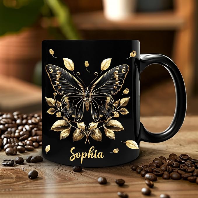 Hyturtle Personalized Yellow Butterfly Mug - Butterfly Gifts For Women Lovers - Animal Gift For Bird Lover Her - Bird Gifts For Mom on Mother Day - Custom Name Coffee Cup Ceramic Mug 11 Oz 15 Oz