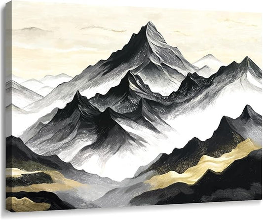 amatop Black and White Mountain Wall Art – Minimalist Modern Landscape Canvas Print Nature Scene Picture Bathroom Bedroom Office Wall Decor, Small Tranquil Misty Hills Zen Artwork for men, 16x12 Inch