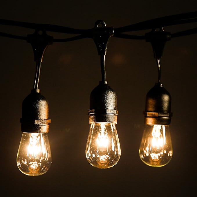 100 Foot Commercial Outdoor String Lights with 50 Suspended Sockets and S14 11 Watt Bulbs (+ 2 Free Spares) - E26 Vintage String Lights for Patio, Yard, Deck, Cafe, Bistro and More