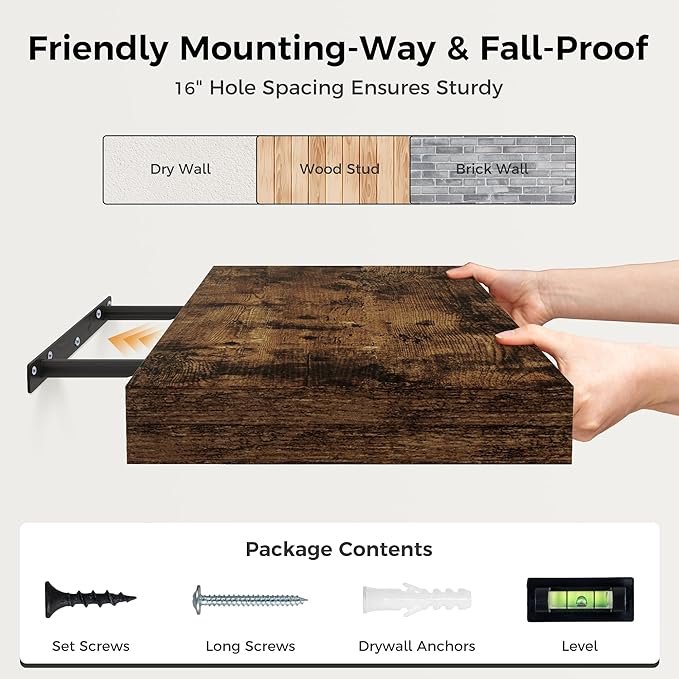 Fun Memories 72 Inch Floating Shelf, 12 Inch Deep Wall Shelf for Fireplace Mantel, Deep Storage Shelves for Home & Office, Wall Shelves with Invisible Bracket, Rustic Brown, Set of 1