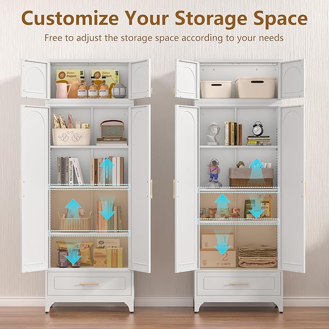 Kitchen Cabinet, 90" Tall Metal Pantry Cabinet, Freestanding Cupboards with One Drawer, Food Storage Cabinets for Dining, Living Room, White, 16" D x 32" W x 90" H, Assembly Required