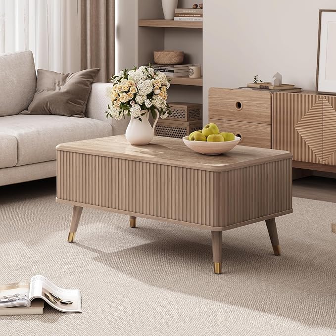 Lift Top Coffee Table with Storage Shelf & Hidden Compartment, Mid Century Modern Fluted Rectangle Dining Table for Living Room, Home Office, Natural Oak