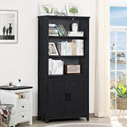70in Tall Bookshelf 5 Tier Bookcase with Barn Doors and Adjustable Shelves, Black Farmhouse Book Shelf with Storage Cabinet, Wood Freestanding Display Bookshelves for Bedroom, Living Room