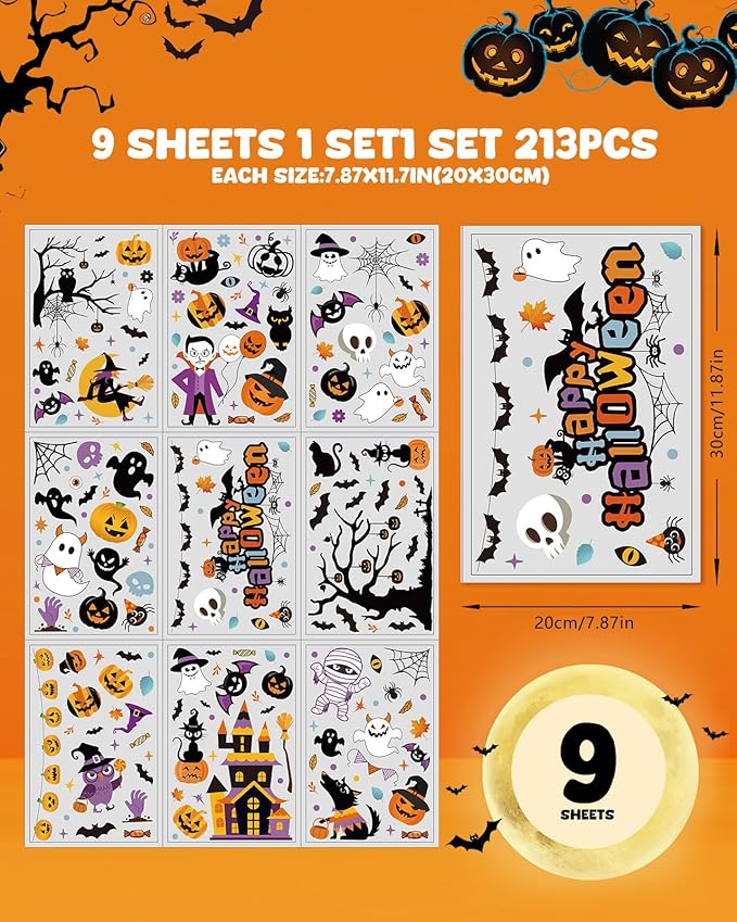Halloween Window Clings - 9 Sheets 213 Pcs Happy Halloween Window Decorations Indoor for Home Party Eyes Pumpkin Ghost Bats Witch Stickers for Glass Double-Sided Removable Static Glass Decals