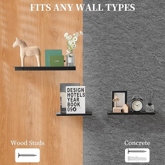 JOOM Black Floating Shelves for Wall Storage, Metal Wall Shelves for Living Room, Bathroom, Kitchen, 16” Display Shelves for Collectibles(2 PCS)