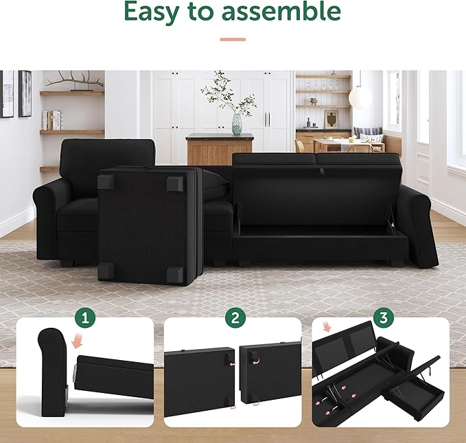 HONBAY Sectional Sofa with Storage Seat Velvet U Shaped Couch with Reversible Chaise Convertible Sectional Couches for Living Room,Black Velvet