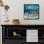 Framed Wall Art Bathroom Décor Modern Floral Tree Canvas Picture Plum Blossom Starry Night Flower Canvas Print Abstract Lake Blue Teal Yellow Painting for Modern Living Room Bedroom Office Décor Small