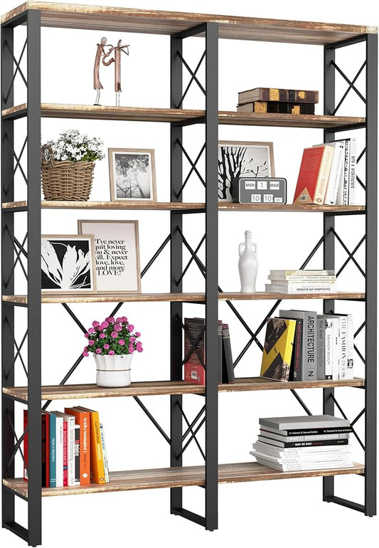 IRONCK Bookshelves Double Wide 6-Tier 76" H, Open Large Bookcase, Industrial Style Shelves for Home Office, Easy Assembly