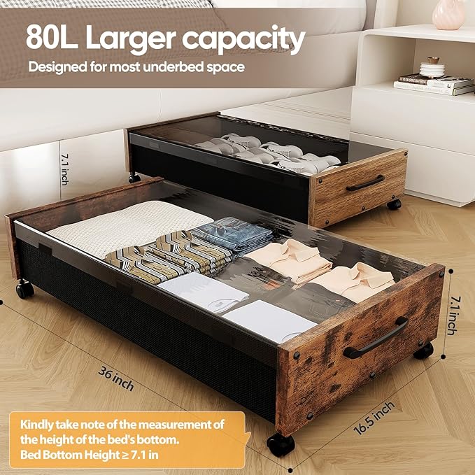 Wooden Under Bed Storage with Wheels, 80L Extra-large Rolling Under the Bed Storage Bins 2 Pack with Removable Lid, Upgrade Metal Under Bed Drawers for Clothes Shoes Blankets in Bedroom