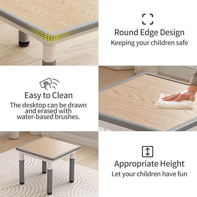Kids Table and Chairs, Height Adjustable Childrens Table and Chair Set, Kids Tables for Age 2-8, Graffiti Desktop, Table for Kids with 2 Seats, Small Kids Table, Max 300lbs, Grey