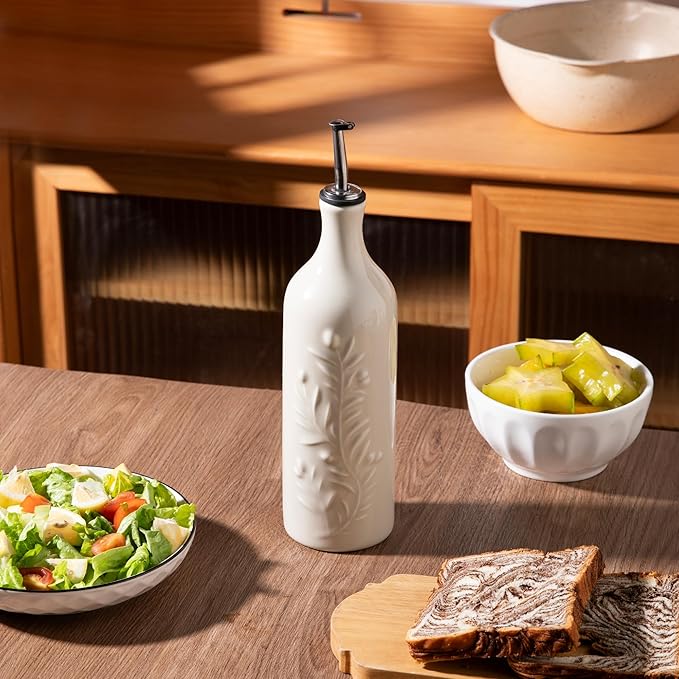 Sweejar Large Olive Oil Dispenser Bottle with Spout, 24 Oz Ceramic Oil Dispenser for Kitchen, Relief Opaque Oil Cruet, Oil Container for Cooking, EVOO, Avocado Oil, Vinegar, Pack of 1 (Beige)