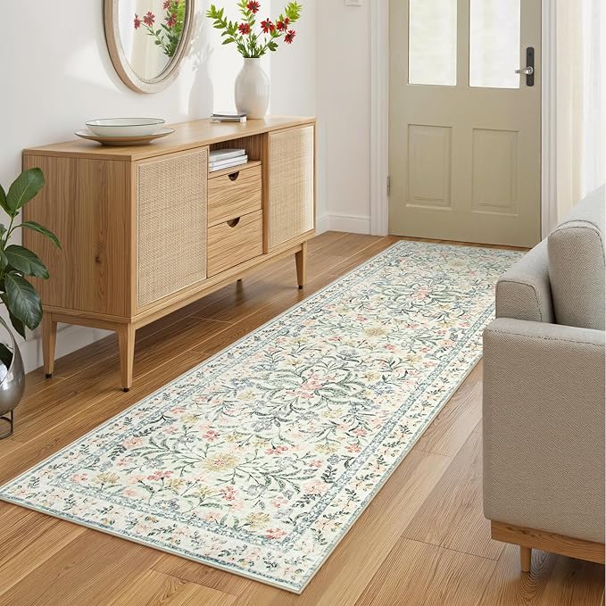 Wonnitar Washable Rug Runner 2'6''x8', Boho Floral Hallway Runner Rug 8ft Long Carpet for Bedroom, Soft Non Slip Ultra-Thin Beige Carpets for Bathroom Kitchen Bedside