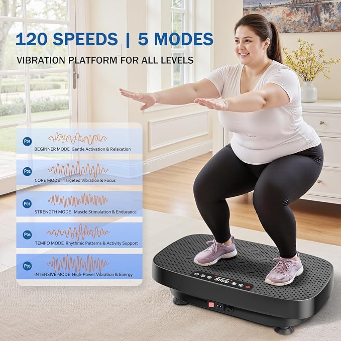 Vibration Plate Exercise Machine, Ultra-Quiet Vibration Plate for Lymphatic Drainage & Body Toning, Whole Body Vibration Platform with Bluetooth, Resistance Bands, Home Gyms Equipment