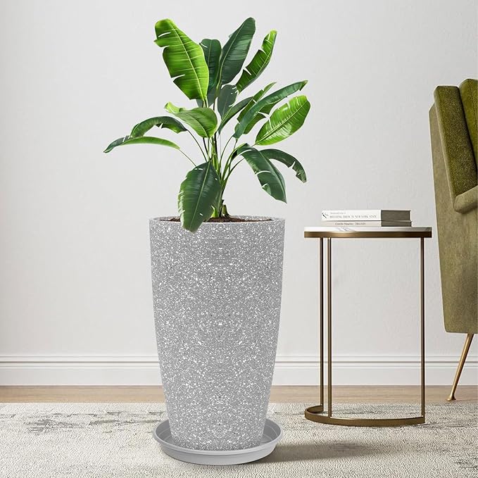 Tall Flower Pot Indoor - Outdoor Plant Pot - Gray Rough Planter - Elegant Stone Imitation - 12" Diameter 21" Tall with Drainage Holes and Saucer