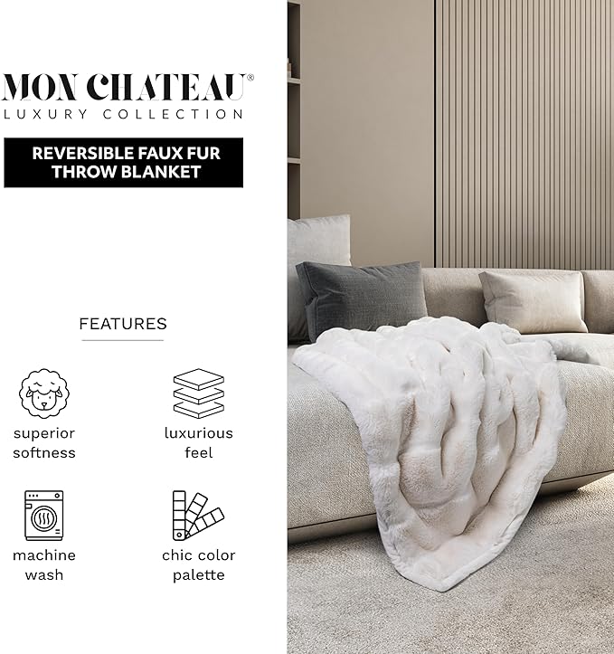 Mon Chateau Premium Reversible Luxury Faux Fur Throw for Couch, Sofa, or Bed - Plush Cozy Soft Blanket for Sleeping or Home Décor, 60" x 70" (Ivory)