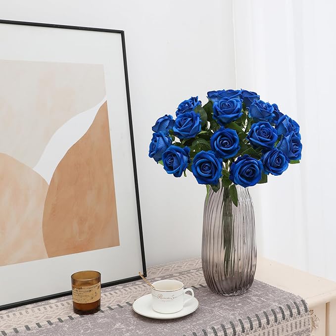 Blue Fake Roses Artificial Flowers - 10 Pcs Fake Artificial Roses Silk Flowers with Stems for Home Wedding Hotel Office Centerpiece Decor