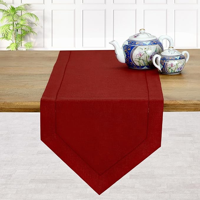 D'Moksha Homes Red Linen Table Runner 90 Inches Long - 100% Pure Linen Diamond Table Runner 14 x 90 Inch for Dining, Fall and Halloween - Machine Washable