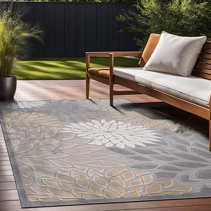 Beverly Rug Outdoor Rug 9x12 Large Modern Floral Tropical Area Rugs for Indoor and Outdoor Patio Easy to Clean Non Shedding Living Room Porch Garden Washable Outside Carpet (9 x 12 Gray)