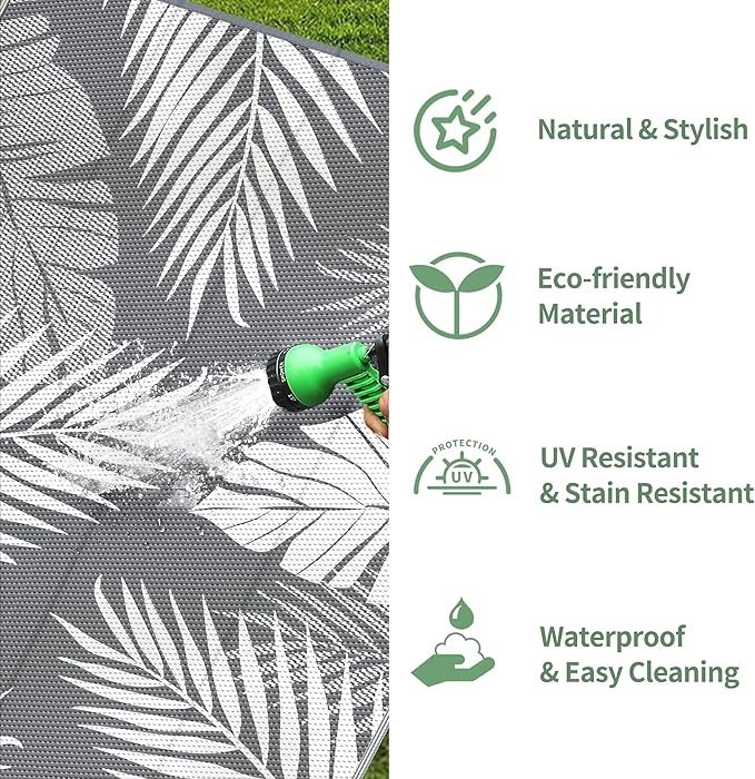 GENIMO Outdoor Rug 10' x 14' Waterproof for Patios Clearance, Reversible Outdoor Plastic Straw Camping Rug Carpet, Large Area Rugs Mats for RV, Camper, Deck, Balcony, Porch, Beach, Picnic, Grey&White