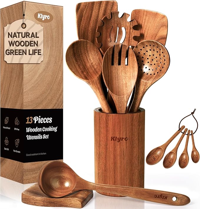 Wooden Spoons for Cooking, Nonstick Kitchen Utensils Set with 4 Piece Measuring Spoons, Comfort Grip Wooden Spatula Set, 9 Piece Teak Wooden Cooking Utensils with Holder and Spoon Rest